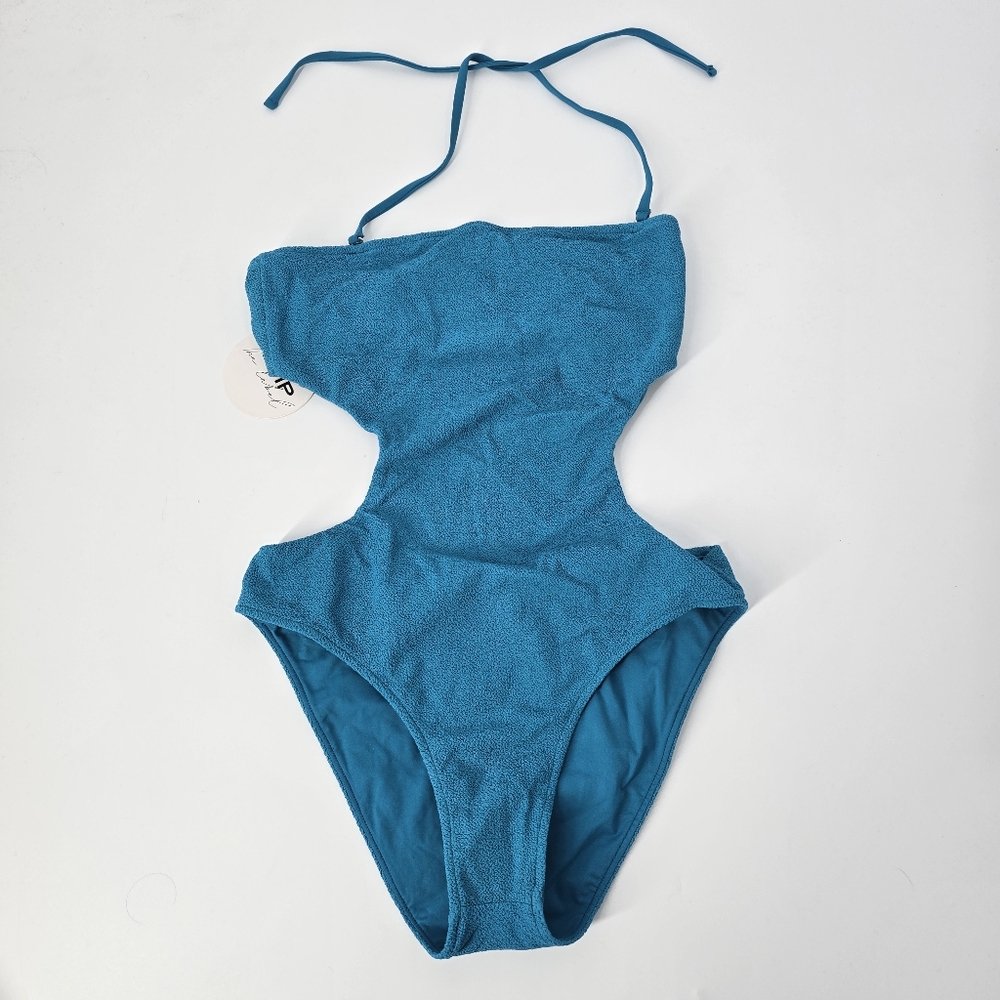 JMP The Label Tokyo One Piece Luna Blue Halter Cutout Swimsuit Size S NEW